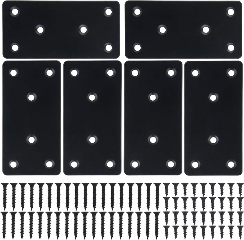 KIMIWISE 6 Pcs Flat Mending Plate, 1.9''x3.9'' Black Stainless Steel Metal Flat Straight Brace Bracket, Fixing Brace Joining Plates for Furniture, Wood, Shelves, Cabinet with 2 Different Lengths of Screws - Image 1